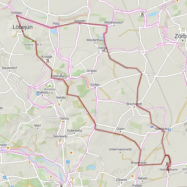 Map miniature of "Hohenthurm to Oppin and Back" cycling inspiration in Sachsen-Anhalt, Germany. Generated by Tarmacs.app cycling route planner