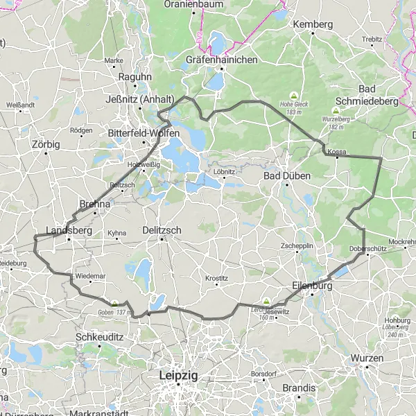 Karten-Miniaturansicht der Radinspiration "Rundweg um Eilenburg" in Sachsen-Anhalt, Germany. Erstellt vom Tarmacs.app-Routenplaner für Radtouren