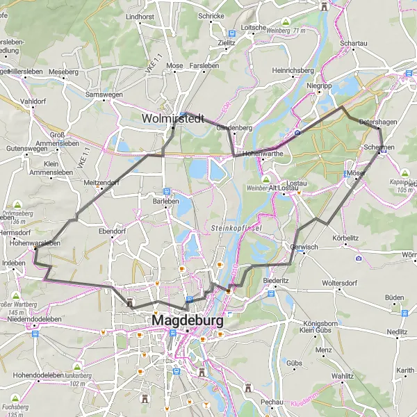 Map miniature of "Wolmirstedt and Düppler Mühle Road Loop" cycling inspiration in Sachsen-Anhalt, Germany. Generated by Tarmacs.app cycling route planner