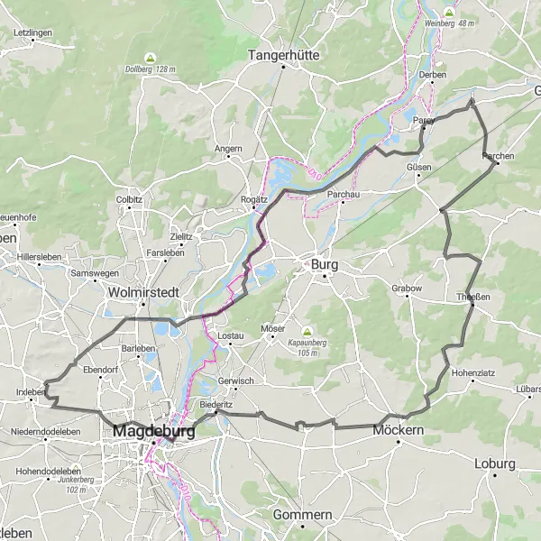 Map miniature of "Hohenwarsleben Loop" cycling inspiration in Sachsen-Anhalt, Germany. Generated by Tarmacs.app cycling route planner