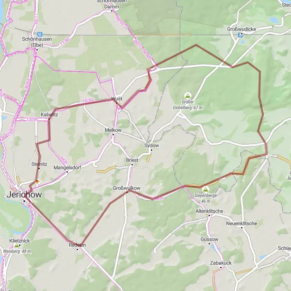 Karten-Miniaturansicht der Radinspiration "Gravelwunder im Jerichower Land" in Sachsen-Anhalt, Germany. Erstellt vom Tarmacs.app-Routenplaner für Radtouren