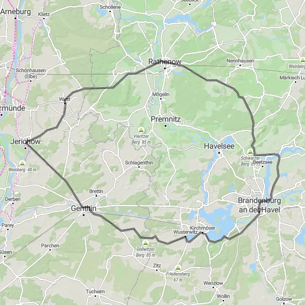 Map miniature of "Jerichow to Brandenburg an der Havel Cycling Route" cycling inspiration in Sachsen-Anhalt, Germany. Generated by Tarmacs.app cycling route planner