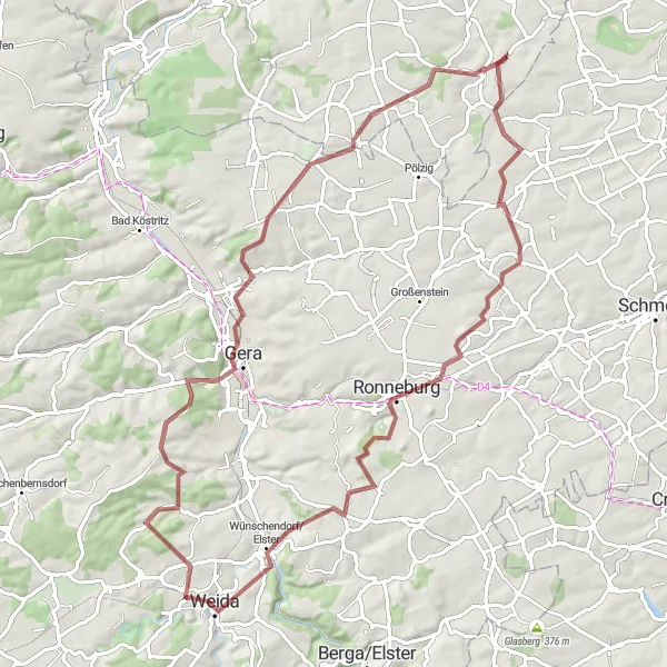 Map miniature of "Lumpzig - Ronneburger Schloss - Grubenlampe - Steinberg - Zedlitz - Fuchsturm - Gera - Kayna Gravel Route" cycling inspiration in Sachsen-Anhalt, Germany. Generated by Tarmacs.app cycling route planner