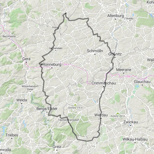 Karten-Miniaturansicht der Radinspiration "Hügel und Täler von Pleiße" in Sachsen-Anhalt, Germany. Erstellt vom Tarmacs.app-Routenplaner für Radtouren