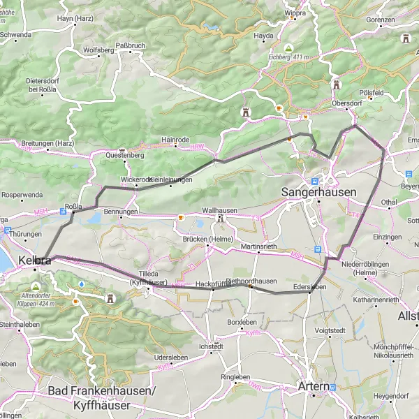 Map miniature of "Kelbra Countryside Road Loop" cycling inspiration in Sachsen-Anhalt, Germany. Generated by Tarmacs.app cycling route planner