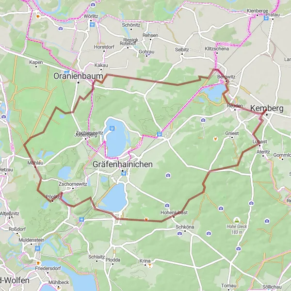 Karten-Miniaturansicht der Radinspiration "Gravelroute zu den Seen und Wäldern um Kemberg" in Sachsen-Anhalt, Germany. Erstellt vom Tarmacs.app-Routenplaner für Radtouren