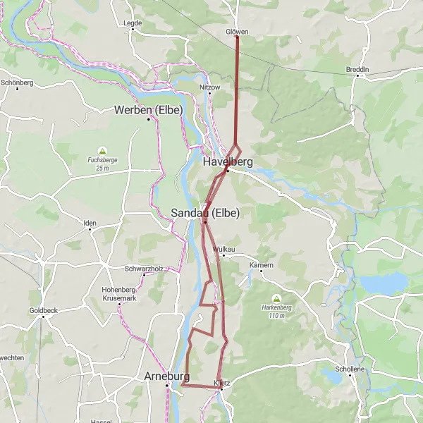 Map miniature of "Through Glöwen's Forests" cycling inspiration in Sachsen-Anhalt, Germany. Generated by Tarmacs.app cycling route planner