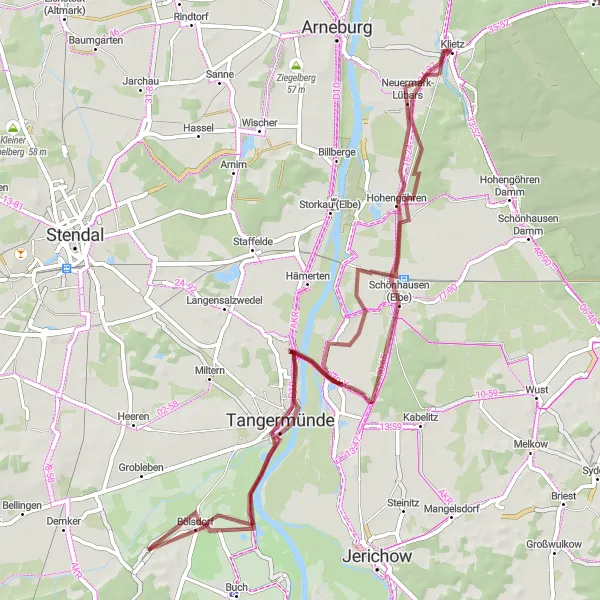 Map miniature of "Klietz Gravel Adventure" cycling inspiration in Sachsen-Anhalt, Germany. Generated by Tarmacs.app cycling route planner