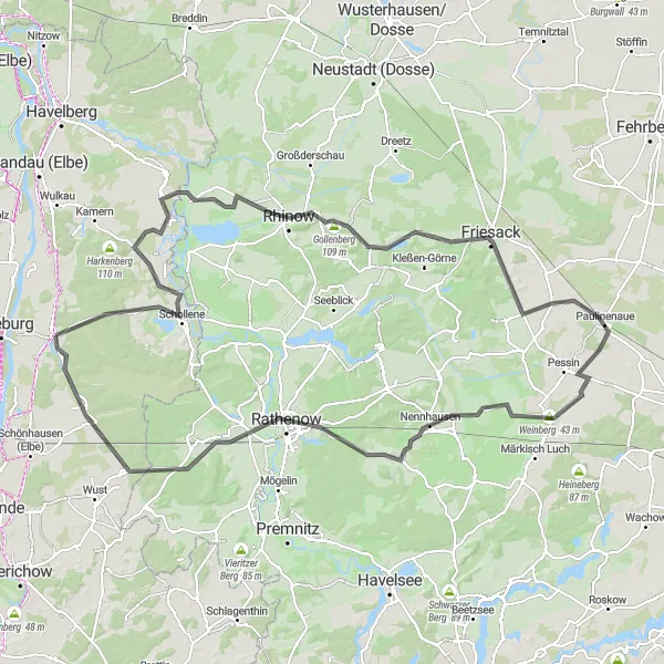 Map miniature of "Rhinow Lanes" cycling inspiration in Sachsen-Anhalt, Germany. Generated by Tarmacs.app cycling route planner