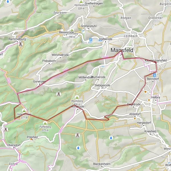 Map miniature of "Ahlsdorf and Mansfeld Gravel Adventure" cycling inspiration in Sachsen-Anhalt, Germany. Generated by Tarmacs.app cycling route planner