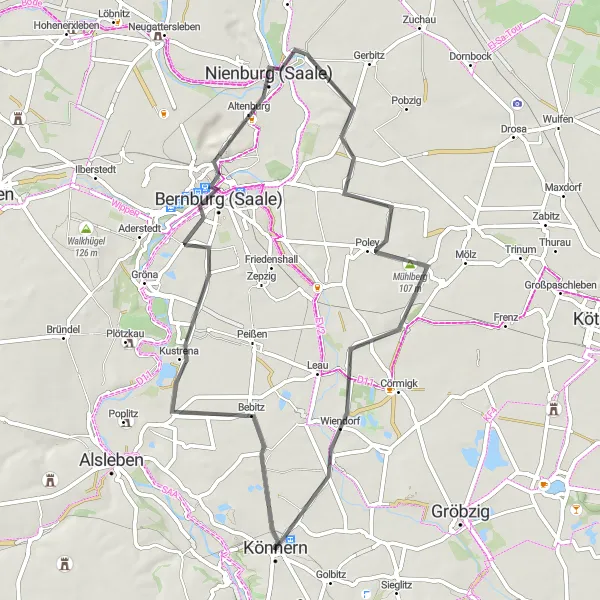 Map miniature of "Könnern to Bernburg (Saale)" cycling inspiration in Sachsen-Anhalt, Germany. Generated by Tarmacs.app cycling route planner