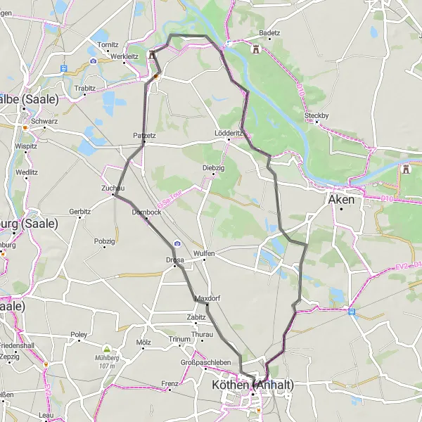 Map miniature of "Discovering Köthen" cycling inspiration in Sachsen-Anhalt, Germany. Generated by Tarmacs.app cycling route planner