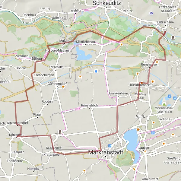 Map miniature of "Kötzschau Scenic Gravel Loop" cycling inspiration in Sachsen-Anhalt, Germany. Generated by Tarmacs.app cycling route planner