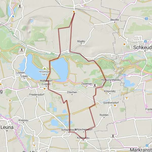 Map miniature of "Zöschen Gravel Adventure" cycling inspiration in Sachsen-Anhalt, Germany. Generated by Tarmacs.app cycling route planner