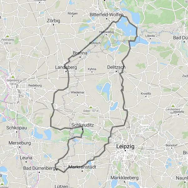 Karten-Miniaturansicht der Radinspiration "Rundtour durch Schkeuditz, Brehna und mehr" in Sachsen-Anhalt, Germany. Erstellt vom Tarmacs.app-Routenplaner für Radtouren