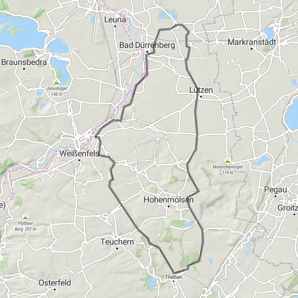 Map miniature of "Lützen Countryside Loop" cycling inspiration in Sachsen-Anhalt, Germany. Generated by Tarmacs.app cycling route planner