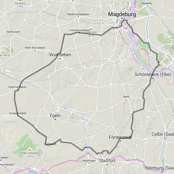 Map miniature of "The Road Adventure from Hadmersleben to Kroppenstedt" cycling inspiration in Sachsen-Anhalt, Germany. Generated by Tarmacs.app cycling route planner