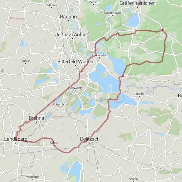Karten-Miniaturansicht der Radinspiration "Gravelabenteuer um Landsberg" in Sachsen-Anhalt, Germany. Erstellt vom Tarmacs.app-Routenplaner für Radtouren