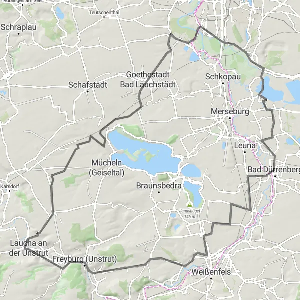 Map miniature of "Wine and Cultural Delights - Saale Unstrut Circular Road Route" cycling inspiration in Sachsen-Anhalt, Germany. Generated by Tarmacs.app cycling route planner