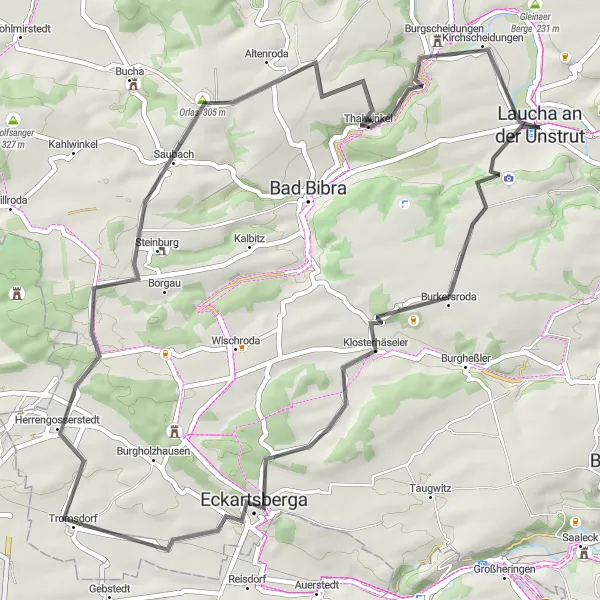 Map miniature of "Idyllic Landscapes - Laucha Circular Road Route" cycling inspiration in Sachsen-Anhalt, Germany. Generated by Tarmacs.app cycling route planner