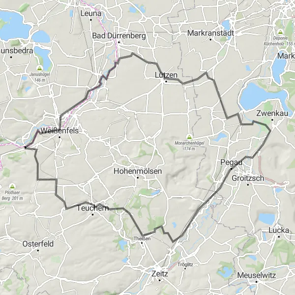 Map miniature of "Saale Valley Road Tour" cycling inspiration in Sachsen-Anhalt, Germany. Generated by Tarmacs.app cycling route planner