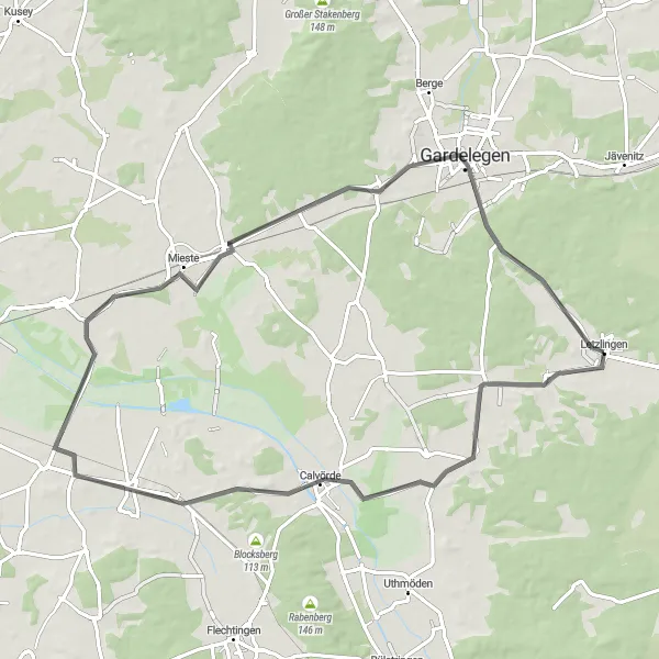 Map miniature of "Letzlingen Circular Road Route" cycling inspiration in Sachsen-Anhalt, Germany. Generated by Tarmacs.app cycling route planner