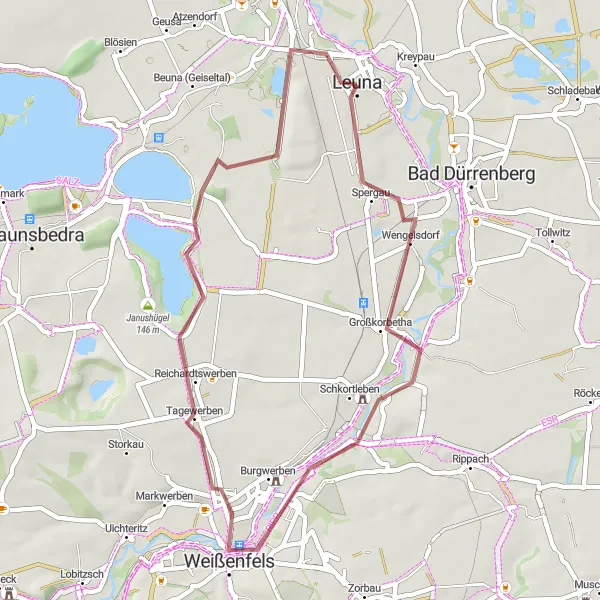 Map miniature of "Leuna Gravel Loop" cycling inspiration in Sachsen-Anhalt, Germany. Generated by Tarmacs.app cycling route planner