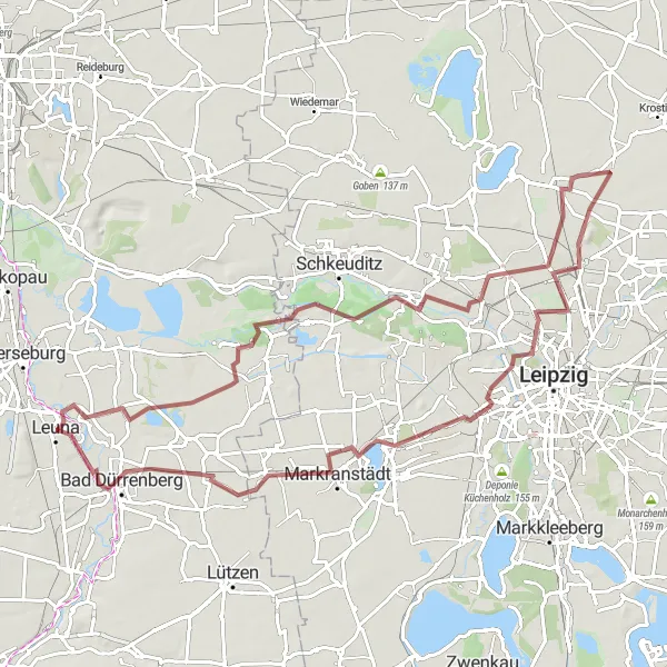 Map miniature of "Leuna Gravel Explorer" cycling inspiration in Sachsen-Anhalt, Germany. Generated by Tarmacs.app cycling route planner