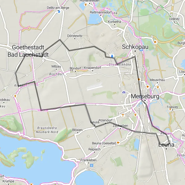 Map miniature of "Leuna Highlights" cycling inspiration in Sachsen-Anhalt, Germany. Generated by Tarmacs.app cycling route planner