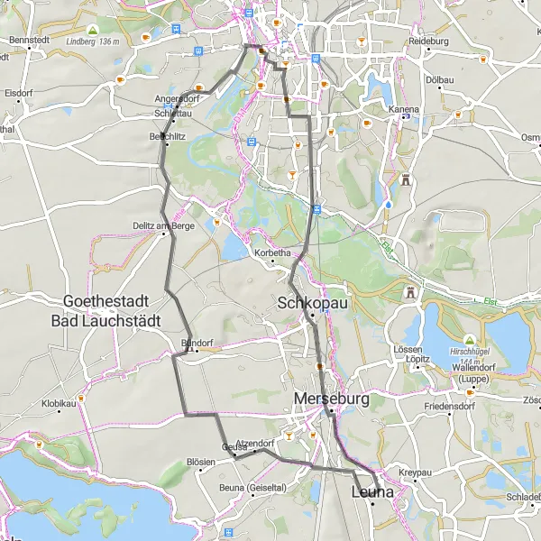 Karten-Miniaturansicht der Radinspiration "Leuna - Road Cycling Exploration" in Sachsen-Anhalt, Germany. Erstellt vom Tarmacs.app-Routenplaner für Radtouren