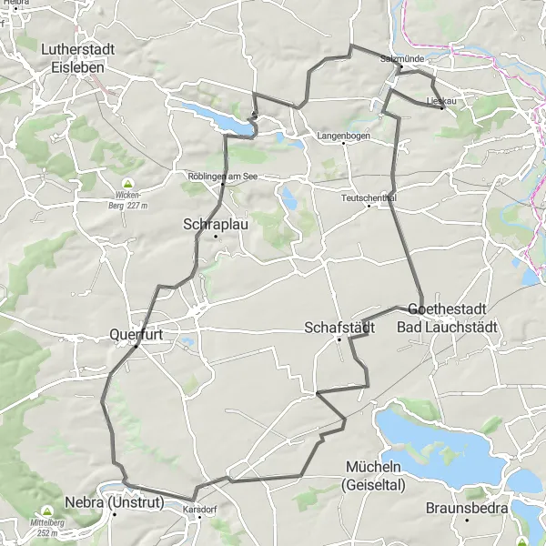 Karten-Miniaturansicht der Radinspiration "Bennstedt und Belvedere Salzmünde Rundfahrt" in Sachsen-Anhalt, Germany. Erstellt vom Tarmacs.app-Routenplaner für Radtouren