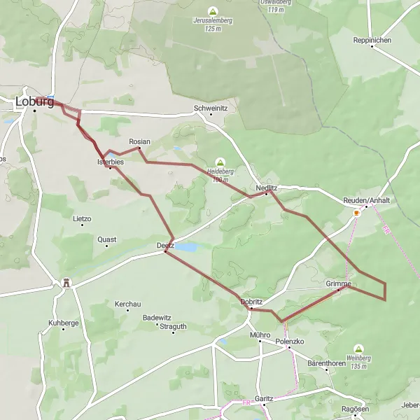 Map miniature of "Loburg to Storchenhof Loburg Gravel Route" cycling inspiration in Sachsen-Anhalt, Germany. Generated by Tarmacs.app cycling route planner