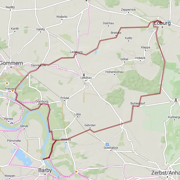 Map miniature of "Gravel Tour through Pretzien and Ladeburg" cycling inspiration in Sachsen-Anhalt, Germany. Generated by Tarmacs.app cycling route planner