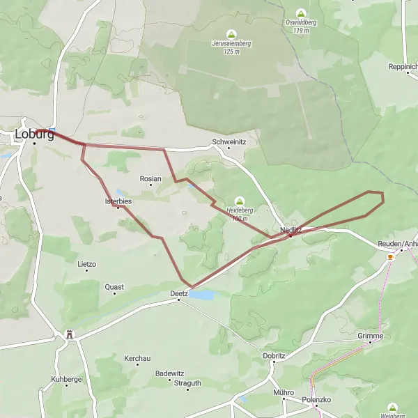 Map miniature of "Loburg to Storchenhof Loburg Gravel Adventure" cycling inspiration in Sachsen-Anhalt, Germany. Generated by Tarmacs.app cycling route planner