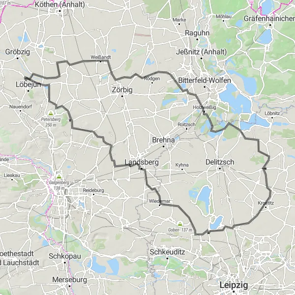 Map miniature of "Lakes and Landmarks" cycling inspiration in Sachsen-Anhalt, Germany. Generated by Tarmacs.app cycling route planner