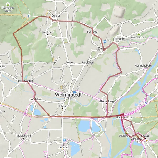 Map miniature of "Elbe-Saale gravel adventure" cycling inspiration in Sachsen-Anhalt, Germany. Generated by Tarmacs.app cycling route planner