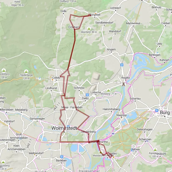 Map miniature of "Rothensee and Beyond Gravel Adventure" cycling inspiration in Sachsen-Anhalt, Germany. Generated by Tarmacs.app cycling route planner