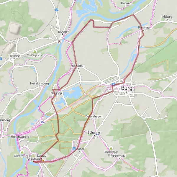 Map miniature of "Lostau's Gravel Loop" cycling inspiration in Sachsen-Anhalt, Germany. Generated by Tarmacs.app cycling route planner