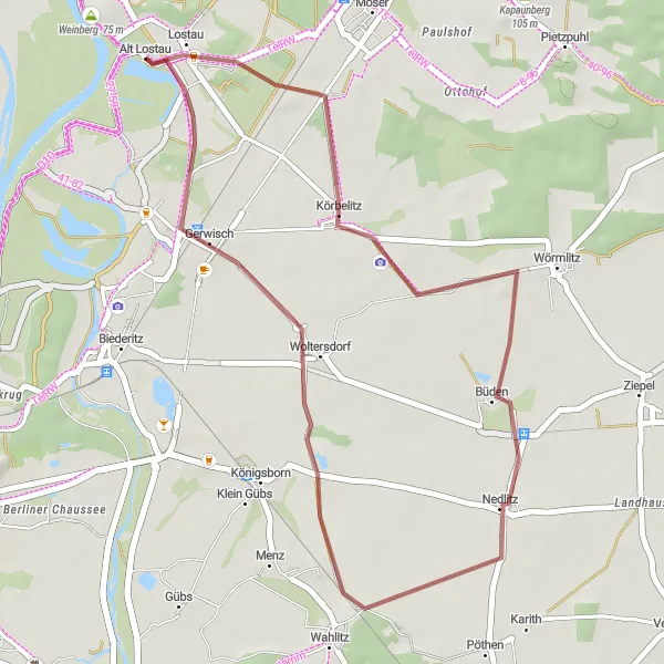 Map miniature of "Exploring Lostau and Woltersdorf on Gravel" cycling inspiration in Sachsen-Anhalt, Germany. Generated by Tarmacs.app cycling route planner