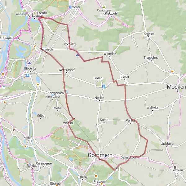 Karten-Miniaturansicht der Radinspiration "Abenteuerliche Fahrt um Lostau mit Zwischenstopp in Gommern" in Sachsen-Anhalt, Germany. Erstellt vom Tarmacs.app-Routenplaner für Radtouren