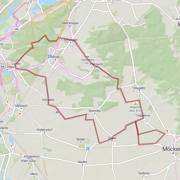 Map miniature of "Gravel Adventure through Lostau and Surroundings" cycling inspiration in Sachsen-Anhalt, Germany. Generated by Tarmacs.app cycling route planner