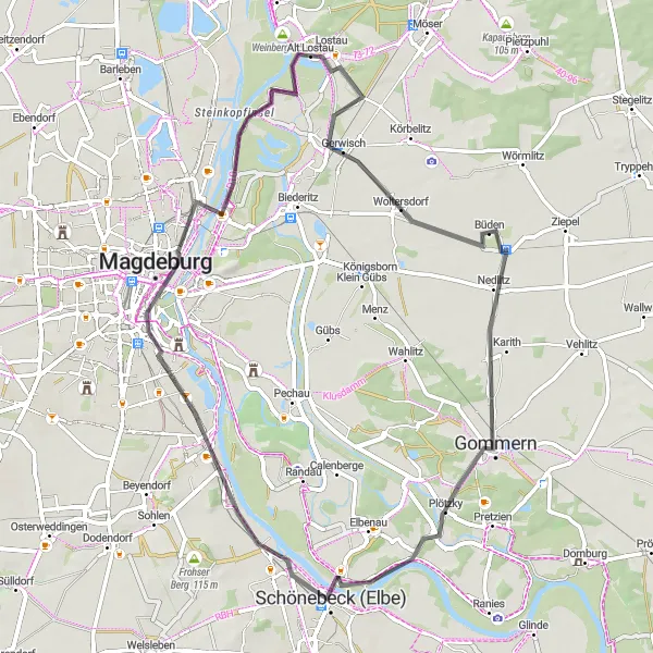 Map miniature of "Magdeburg Scenic Road Ride" cycling inspiration in Sachsen-Anhalt, Germany. Generated by Tarmacs.app cycling route planner