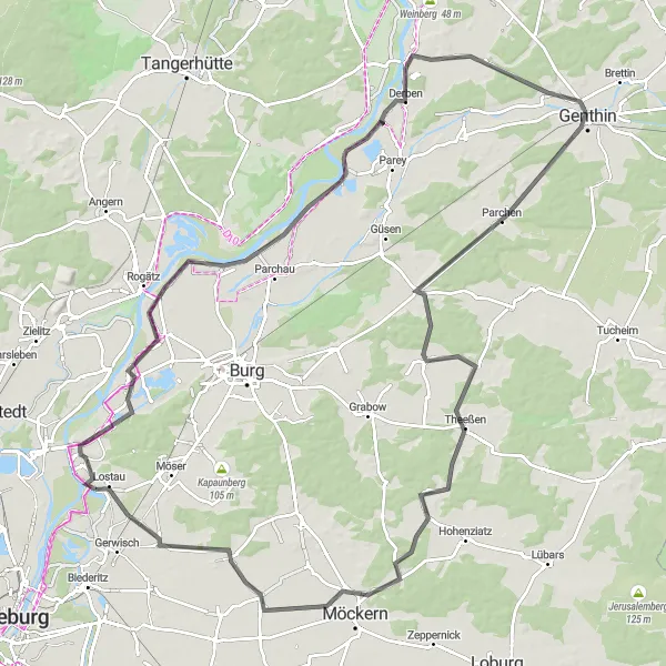 Map miniature of "Elbe Fontane Road Ride" cycling inspiration in Sachsen-Anhalt, Germany. Generated by Tarmacs.app cycling route planner
