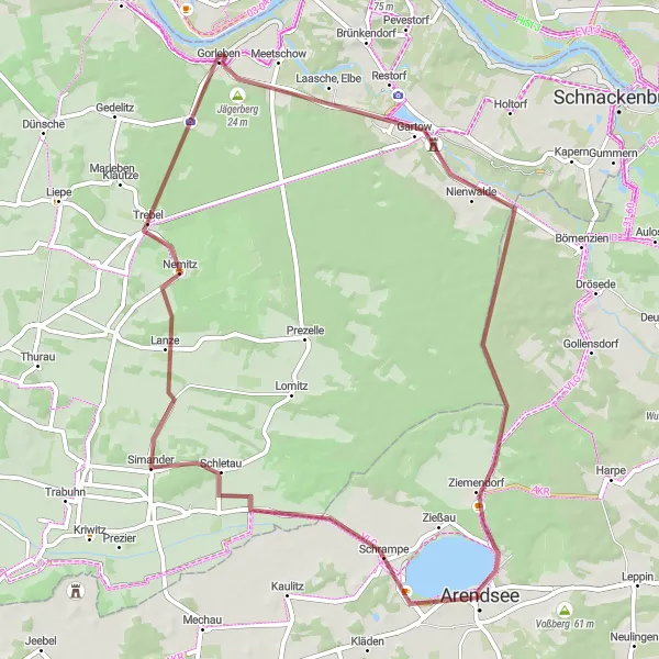 Map miniature of "Sandberge and Gorleben Gravel Route" cycling inspiration in Sachsen-Anhalt, Germany. Generated by Tarmacs.app cycling route planner