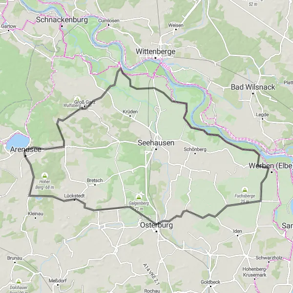 Map miniature of "Arendsee and Werben Road Circuit" cycling inspiration in Sachsen-Anhalt, Germany. Generated by Tarmacs.app cycling route planner