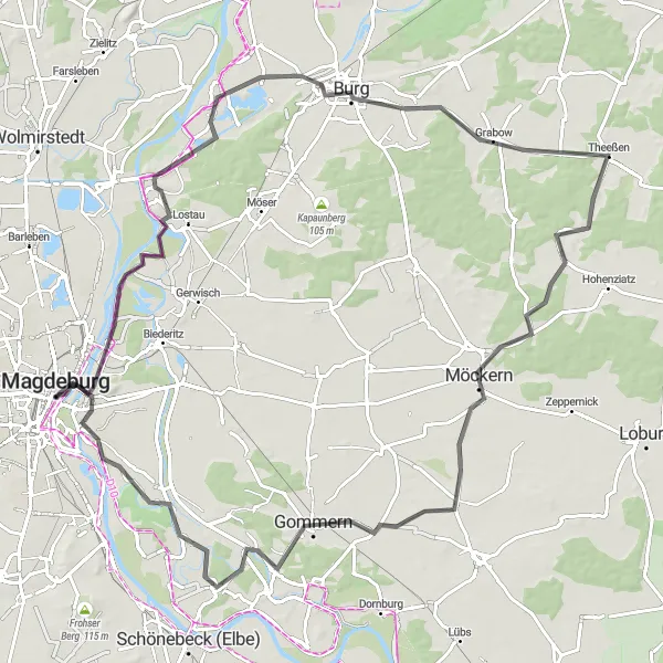 Map miniature of "Magdeburg to Weinberg" cycling inspiration in Sachsen-Anhalt, Germany. Generated by Tarmacs.app cycling route planner