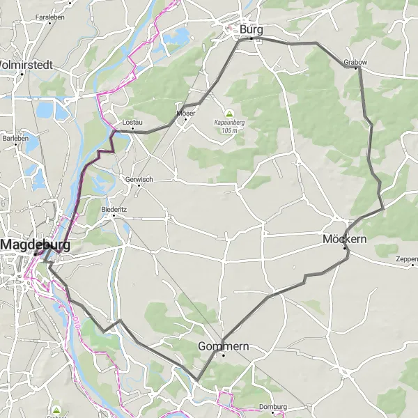 Map miniature of "From Magdeburg to Möckern and Back" cycling inspiration in Sachsen-Anhalt, Germany. Generated by Tarmacs.app cycling route planner