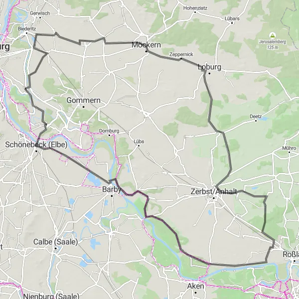 Karten-Miniaturansicht der Radinspiration "Rundtour von Magdeburg nach Zerbst" in Sachsen-Anhalt, Germany. Erstellt vom Tarmacs.app-Routenplaner für Radtouren