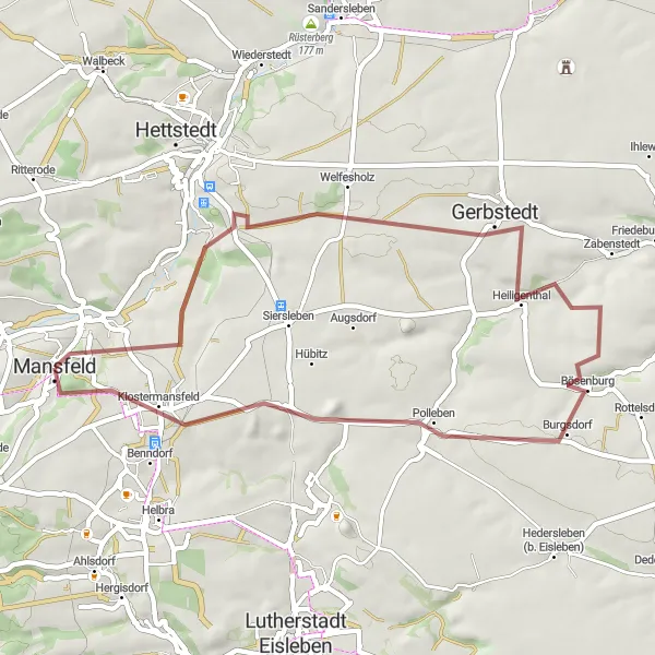 Map miniature of "Gravel Route to Mansfeld" cycling inspiration in Sachsen-Anhalt, Germany. Generated by Tarmacs.app cycling route planner