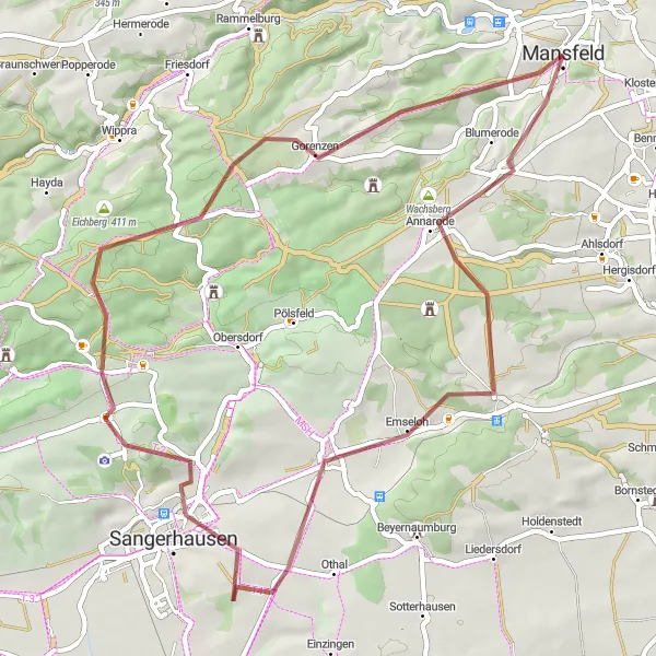 Map miniature of "The Gravel Adventure - Mansfeld Loop" cycling inspiration in Sachsen-Anhalt, Germany. Generated by Tarmacs.app cycling route planner